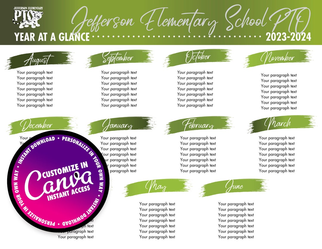 Editable year at a glance calendar flyer newsletter back to school
