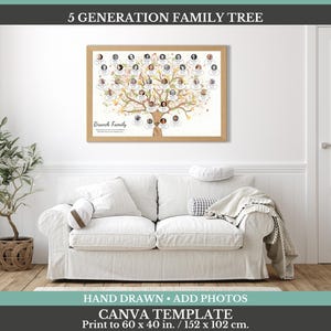 May include: A 5 generation family tree wall art print in a light wood frame. The design features a hand-drawn tree with circular photo placeholders for family members, the text 5 GENERATION FAMILY TREE, and the name Branch Family. Measures 60 x 40 in.
