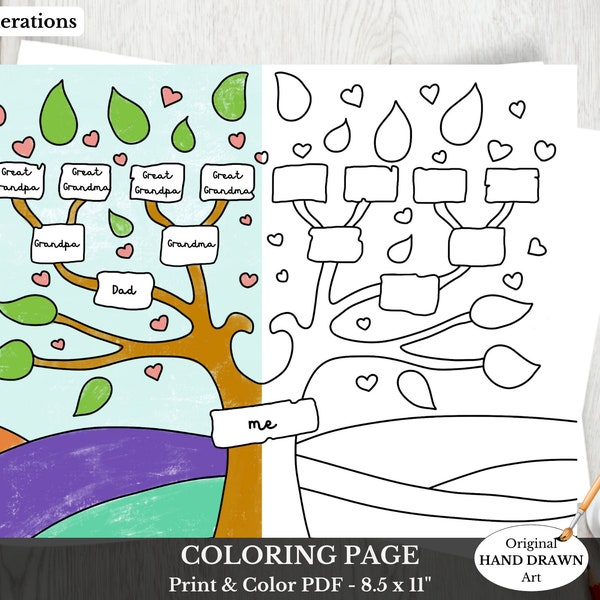 Kids Coloring Page ~ Fun Family Tree Template ~ Print at Home ~ Digital Download ~ COLORING MAPLE