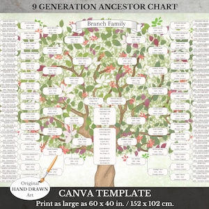 Family Tree Template ~ 9 Generation Pedigree Chart ~ DIY Editable in Canva ~ DERRY