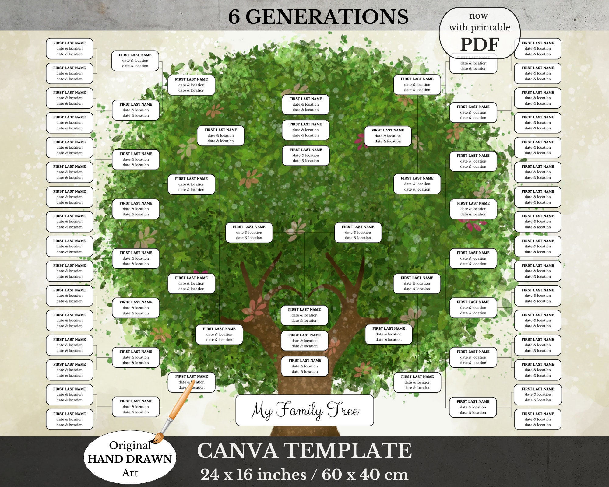 DIY 6 Generation Digital Family Tree Template Family History Wall Art