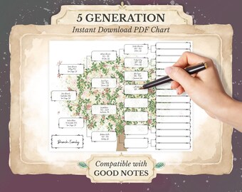5 Generation Family Tree Pedigree Chart, Printable PDF, Compatible with Goodnotes, Genealogy Worksheet
