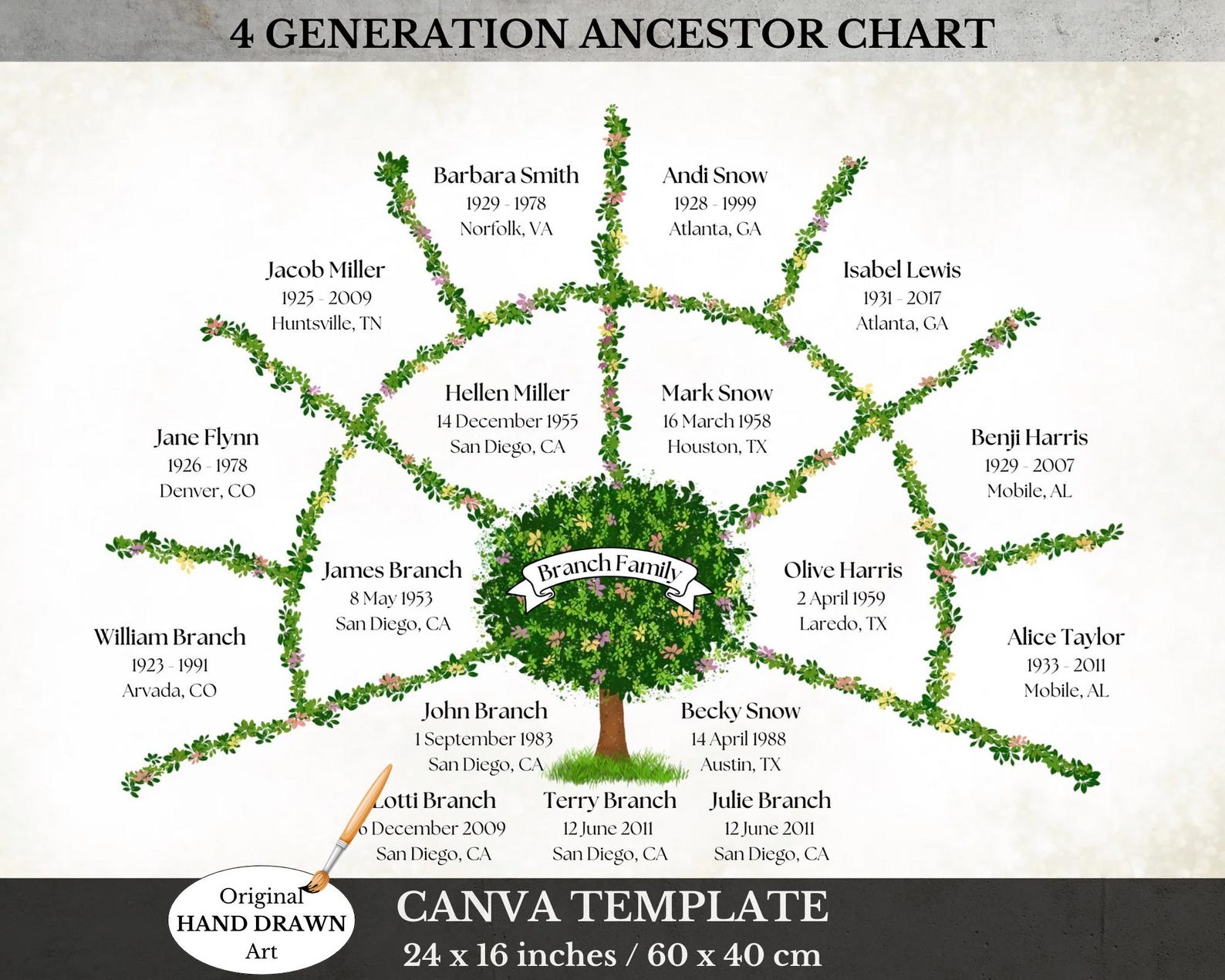 Family Tree Template ~ 4 Generation Fan Chart Pedigree ~ Edit in Canva ...