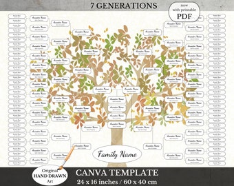 7 Generation Family Tree Template ~ Blank Ancestry Chart ~ DIY Printable Canva ~ WASHI