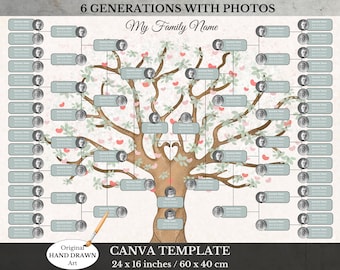 Blank Family Tree Chart ~ Ancestry Template ~ Customizable in Canva ~ 6 Generations ~ AMORE