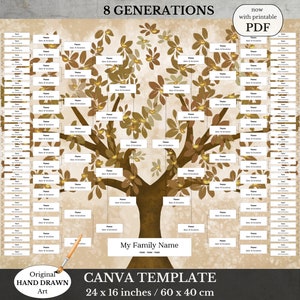 8 Generation Large Blank Family Tree ~ Genealogy Chart ~ Digital Instant Download ~ Canva Template ~ CORTADO