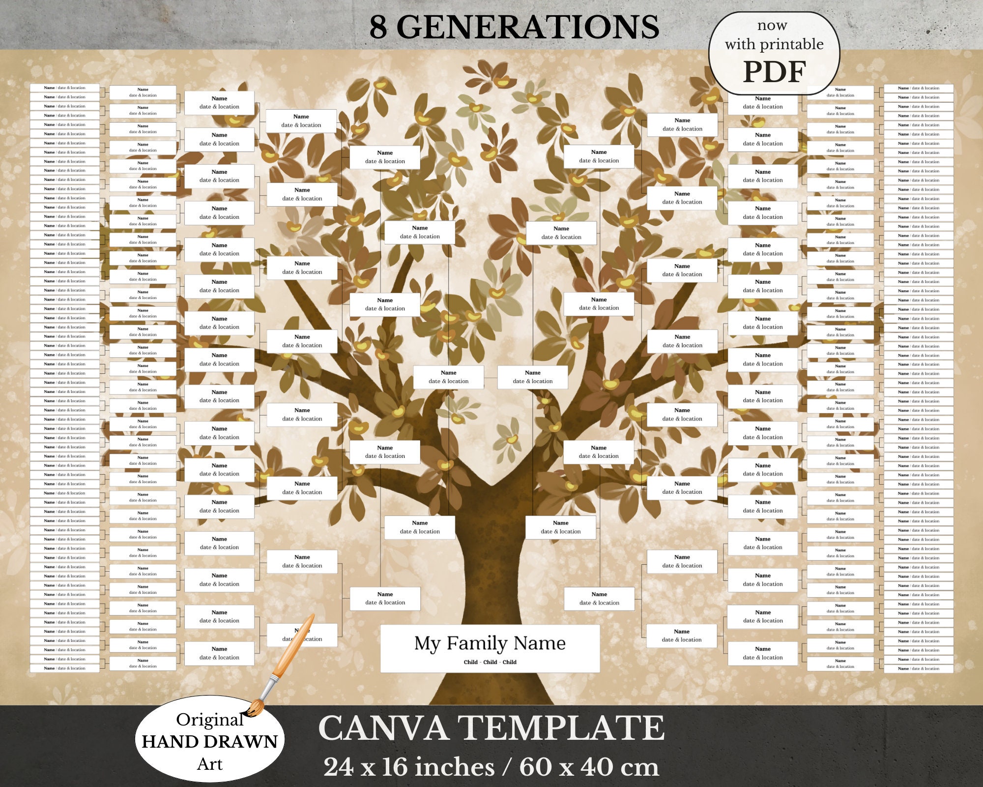 Family Tree Template for 10 Generations. Old Branched Leafy Carri Genealogy  Family Tree. Family Tree Chart Template. Printable Fast Edit 