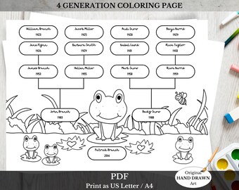 Kids Coloring Page ~ Fun Family Tree Template ~ Print at Home ~ Digital Download ~ FROGGIES