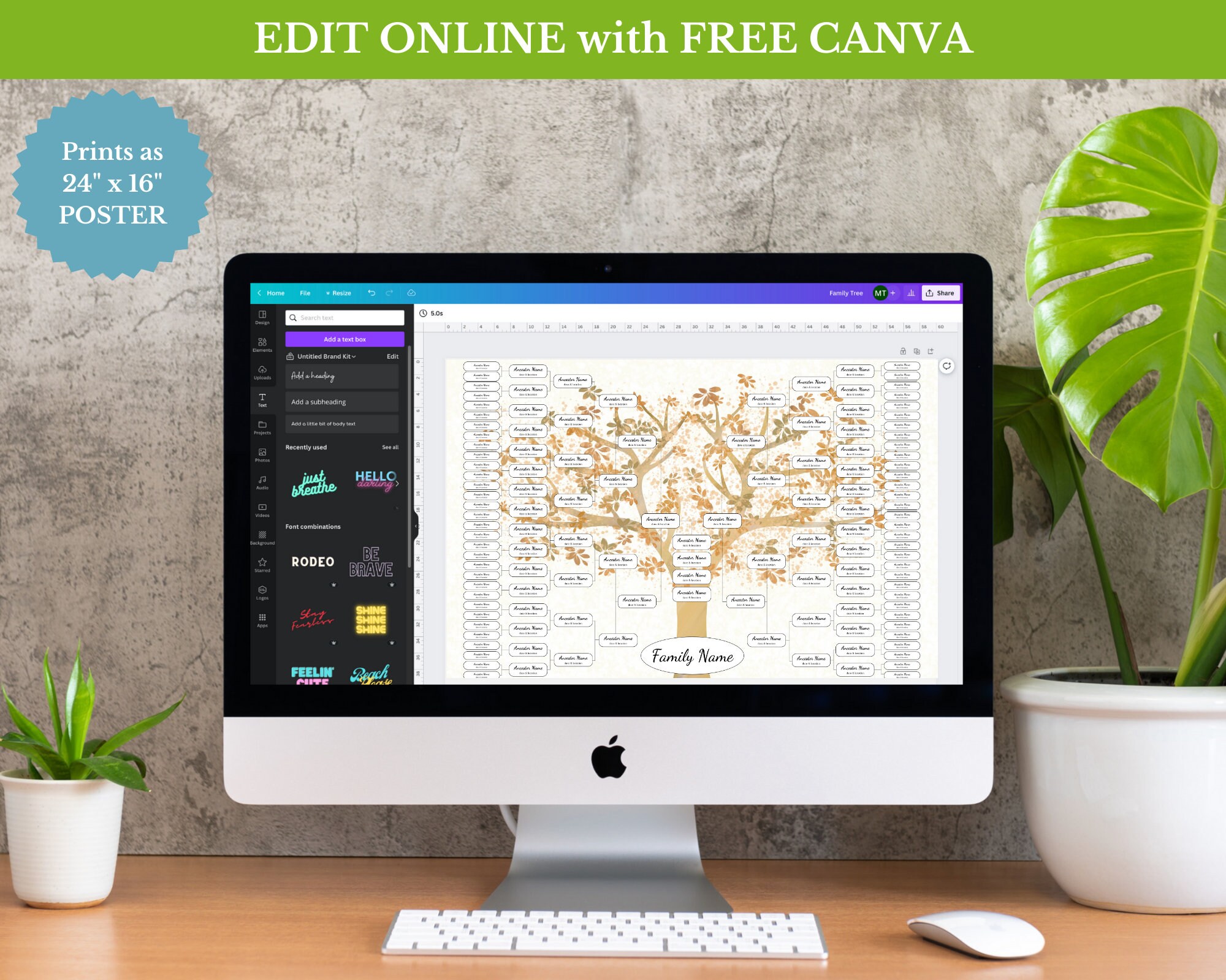Family Tree Template 7 Generation Poster Ancestry Print Edit in Canva ...