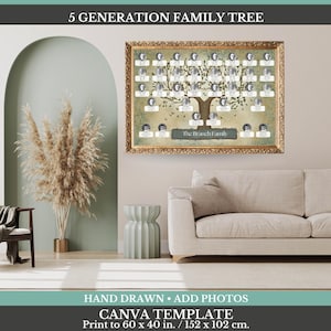 Peut inclure: Une impression murale d'arbre généalogique sur 5 générations dans un cadre doré. Le design présente un arbre dessiné à la main avec des emplacements photo circulaires et des étiquettes blanches. Le texte en haut indique 5 GENERATION FAMILY TREE et en bas The Branch Family. L'impression mesure 152 x 102 cm.