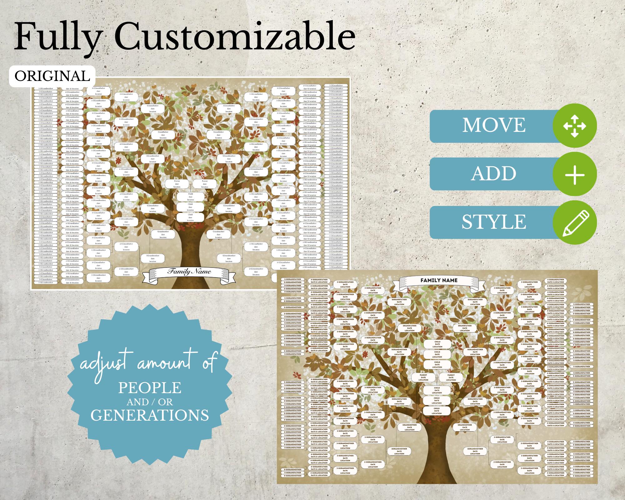 8 Generation Large Blank Family Tree ~ Canva Template ~ CORTADO - Etsy