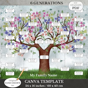 Hand Illustrated Family Tree ~ 6 Generation Canva Template ~ Genealogy Template ~ MIEL