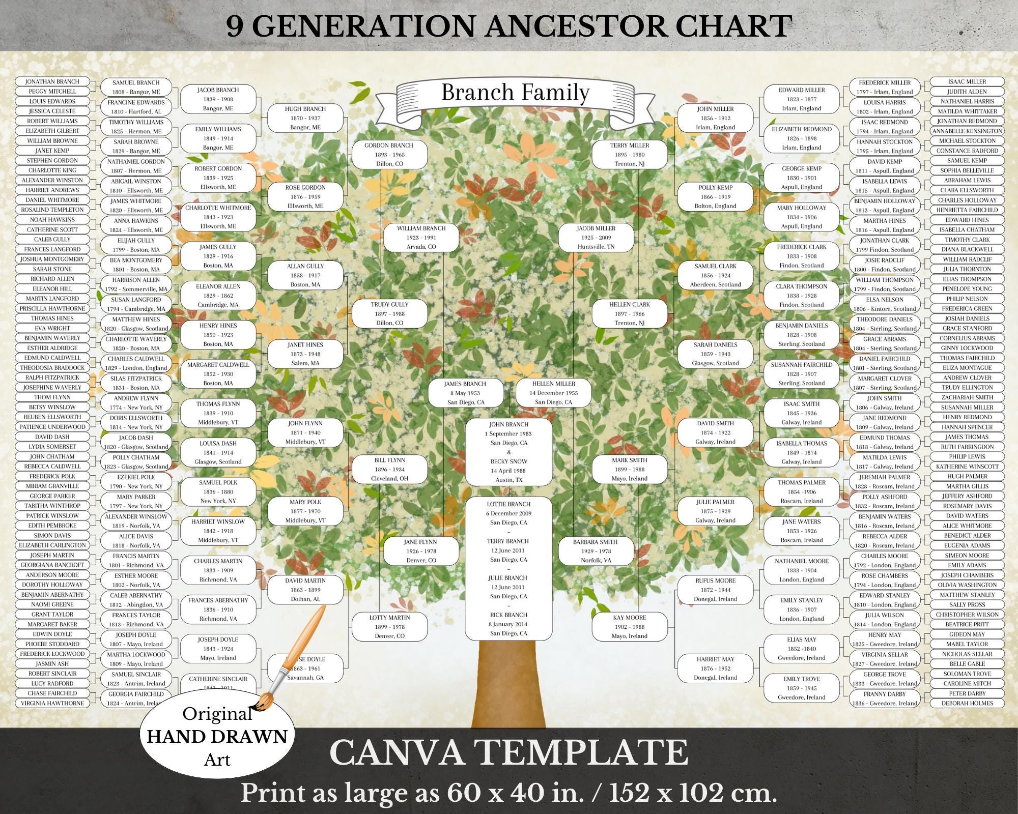 9 Generation Family Tree Template ~ Edit Online in Canva ~ MAI - Etsy