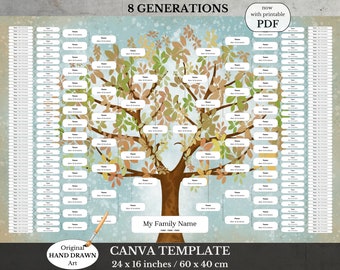 8 Generation Large Blank Family Tree ~ Genealogy Chart ~ Digital Instant Download ~ Canva Template ~ UTAX