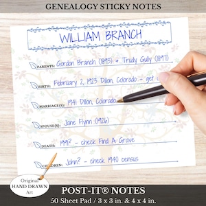 May include: A white Post-it note with genealogy information, including the name "William Branch" in blue script. The note includes spaces for parents, birth, marriage, spouse, death, and children. The note is 3 x 3 inches and 4 x 4 inches.