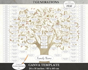 7 Generation Family Tree Pedigree ~ Blank Ancestry Chart ~ DIY Printable Canva Template ~ CHOCO