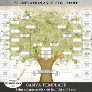 Family Tree Template ~ 7 Generation ~ Printable Ancestry Pedigree ~ Canva Genealogy Chart ~ Family History Digital Download ~ CHOCO