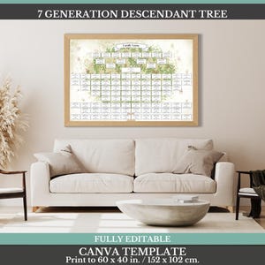 May include: A 7 generation descendant tree family chart template in a light wood frame. The chart features a central tree illustration with numerous rectangular text boxes for names, labeled with the text 7 GENERATION DESCENDANT TREE and FULLY EDITABLE CANVA TEMPLATE. Print to 60 x 40 in.