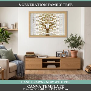 May include: A framed 8 generation family tree chart featuring a detailed illustration of a tree with numerous blank rectangular fields for names, set against a textured background. The text 8 GENERATION FAMILY TREE and CANVA TEMPLATE are visible.