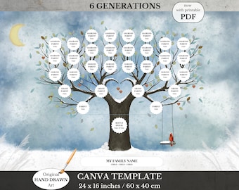 Family Tree Template ~ 6 Generation ~ Christmas Genealogy Chart ~ Anniversary Gift ~ TALVI