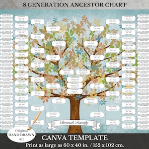 8 Generation Large Blank Family Tree ~ Genealogy Chart ~ Digital Instant Download ~ Canva Template ~ UTAX
