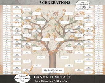 Family Tree Template ~ 7 Generation Poster~ Ancestry Print ~ Edit in Canva ~ 7GEN LEEF