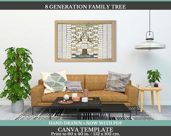 Könnte beinhalten: Ein gerahmtes 8-Generationen-Stammbaum-Diagramm mit einer braunen Baumillustration auf hellem Hintergrund und weißen Textfeldern für Namen. Der Druck misst 152 x 102 cm. Der Text oben lautet 8 GENERATION FAMILY TREE.