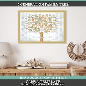 May include: A 7 generation family tree chart in a gold frame featuring a central tree illustration with gold and blue leaves, white name boxes, and the text Branch Family. The print measures 60 x 40 inches and is a Canva template.