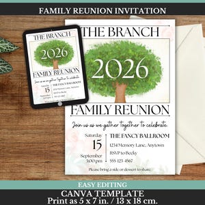 Op de afbeelding: Een uitnodigingssjabloon voor een familiereünie met een illustratie van een groene boom en het jaar 2026. De tekst luidt THE BRANCH, FAMILY REUNION, Join us as we gather together to celebrate, Saturday 15 September 3:00 pm, THE FANCY BALLROOM, 1234 Memory Lane, Anytown, RSVP to Becky 555-123-4567, Please bring a side or dessert to share. Inclusief een witte envelop.