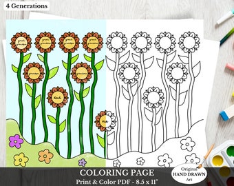 Kids Activity Coloring Page ~ Fun Family Tree Poster ~ Easy Print at Home  ~ COLORING SUNFLOWERS