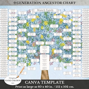 Genealogy Template Family Tree ~ Canva Template with 9 Generations ~ Printable Ancestor Pedigree ~ AZULIO