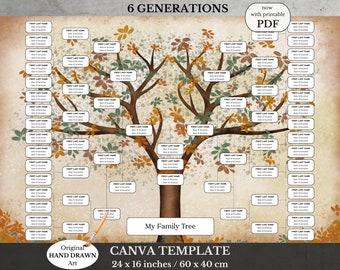 Blank Family Tree ~ Rustic 6 Generation Template ~ Genealogy Worksheet ~ Edit with Canva ~ LEEF