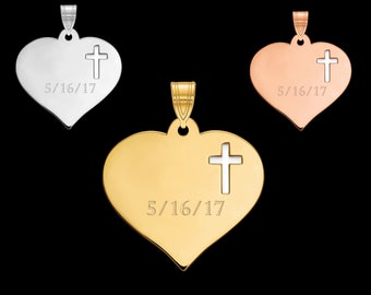 Engraved Heart Pendant with Cross Cutout - 925 Silver, 10k, 14k Gold - Yellow, White, Rose