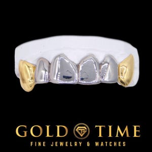 Two-Tone 6-Piece Grillz – White Center & Yellow Gold Canines – 10K or 14K Custom Handmade Grill – Impression Kit Included – Luxury Finish