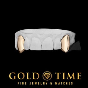 Custom Gold Fangs Grillz – 2 Piece Solid Canine Caps | Personalized Handmade Teeth Grill | Gold, Silver, 10K & 14K Options