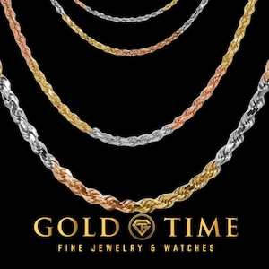 14 kt driekleurige gouden diamantgeslepen touwketting – geel, wit en roségoud – massieve ketting of armband – lengte 16-24 inch – karabijnsluiting