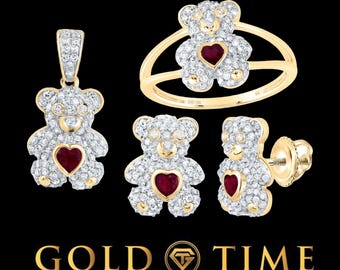 10k Yellow Gold, Diamond, Ruby Teddy Bear Jewelry Set – Pendant, Ring & Earrings – Natural Diamonds – Heart-Shaped Ruby – Gift Ready