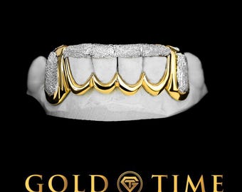 Grillz personalizzato a 6 pezzi bicolore: finestra con polvere di diamante, canini a scatola, kit per impronte incluso.