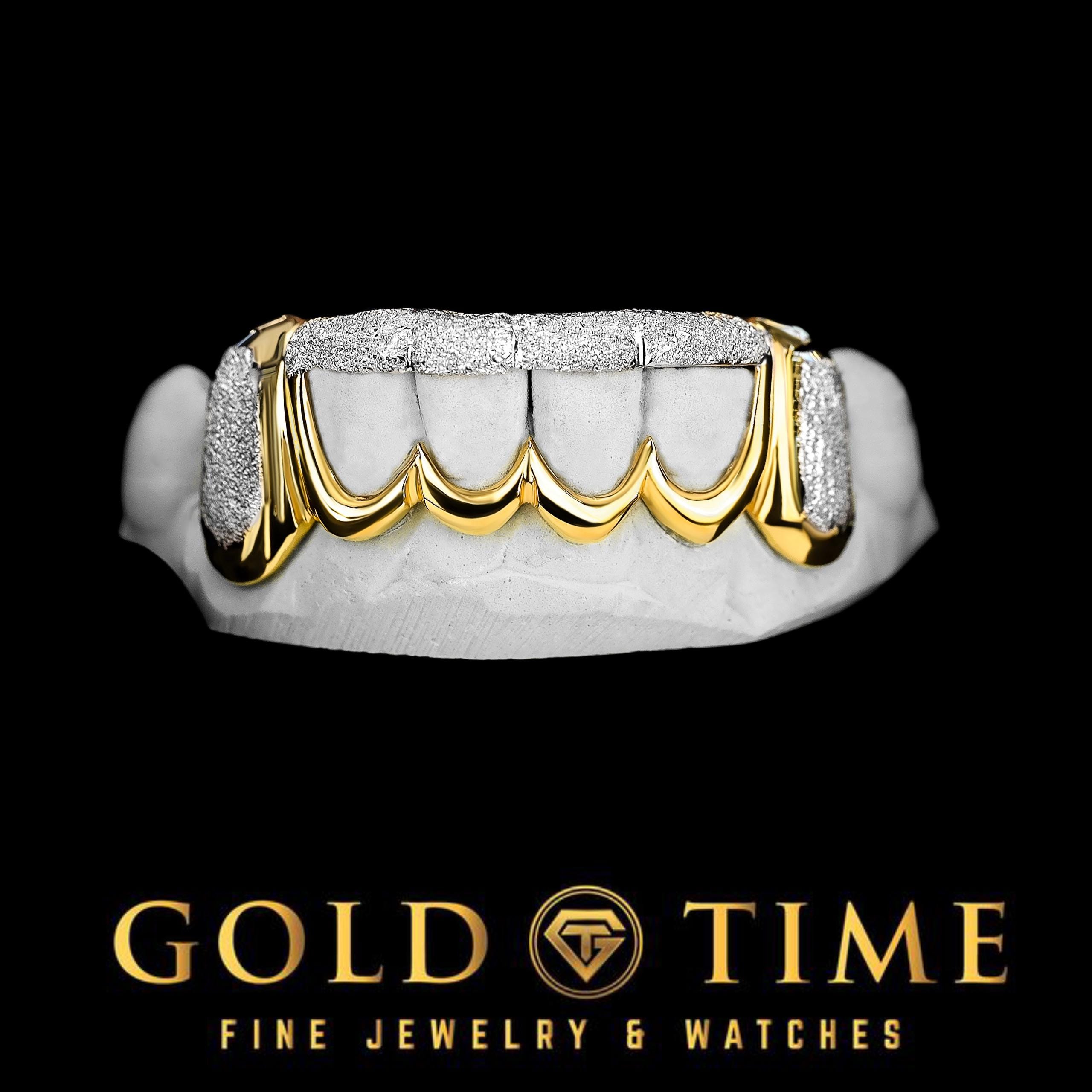 Custom 6 Piece Two-tone Grillz – Diamond Dust Window, Box Canines