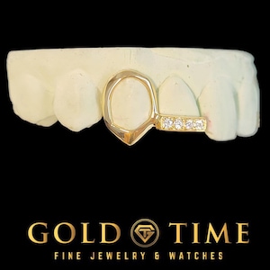 Kundenspezifischer handgemachter Luxus Grillz - Doppelkappen offenes Gesicht Canine Fangzahn & CZ-Spitze - Silber, 10k, 14k Gold - gelb, weiß, Rose - Abdruckset