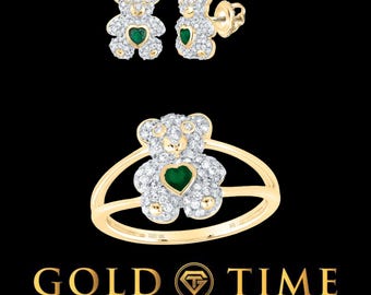 10k Gold Diamond and Emerald Bear Jewelry Set – Pendant, Earrings & Ring with Heart-Shaped Emerald Accents, Available Separately or Set