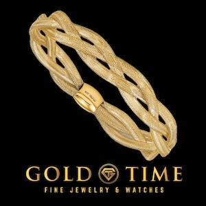 14K Yellow Gold Fancy Mesh Stretch Bangle Bracelet – Solid 10mm Wide – 7.5" Length – Unique Weave Design – Fast Shipping