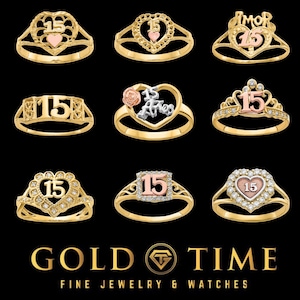 10K Gold Quinceaño Ring für Sie – Sweet 15 Heart Design – Gelbgold CZ Akzente – Tri-Color Option – Größen 4-9 – Gold Time