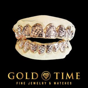 Custom Two-Tone Trillion Cut Grillz Set - 14 Piece – Box Style Top & Bottom – Handmade in Silver or Gold – Mold Kit Included