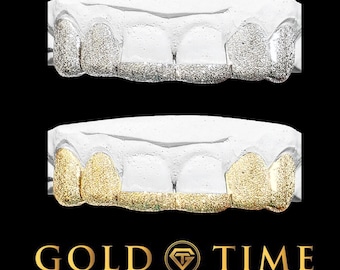 Grillz personalizzati con polvere di diamante – Set da 6 pezzi in oro o argento, realizzati a mano con kit per impronte.
