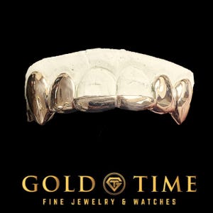 6-Piece Custom Grillz with Solid Fangs & Incisors – Gold, Silver, or Rose – Made to Order – Includes Mold Kit – Handmade Grill