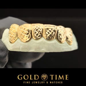 Custom Gold Grillz – Handmade Trillion-Cut Box Design 6-Piece Grillz – 10K, 14K, Silver - Yellow, White, or Rose – Includes Impression Kit