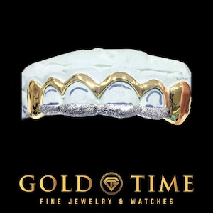Custom 6-Piece Grillz – Solid Canines & Window Centers with Diamond Dust Tips - Silver, 10K, 14K Gold - Yellow, White, Rose
