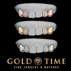 4-Piece Custom Grillz Set – Open Face Incisors & Solid Canines – 10K or 14K Gold, Silver – Handmade Grill – Impression Kit Included