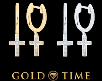 10k Gold & Diamond Dangle Cross Earrings - Yellow or White Gold